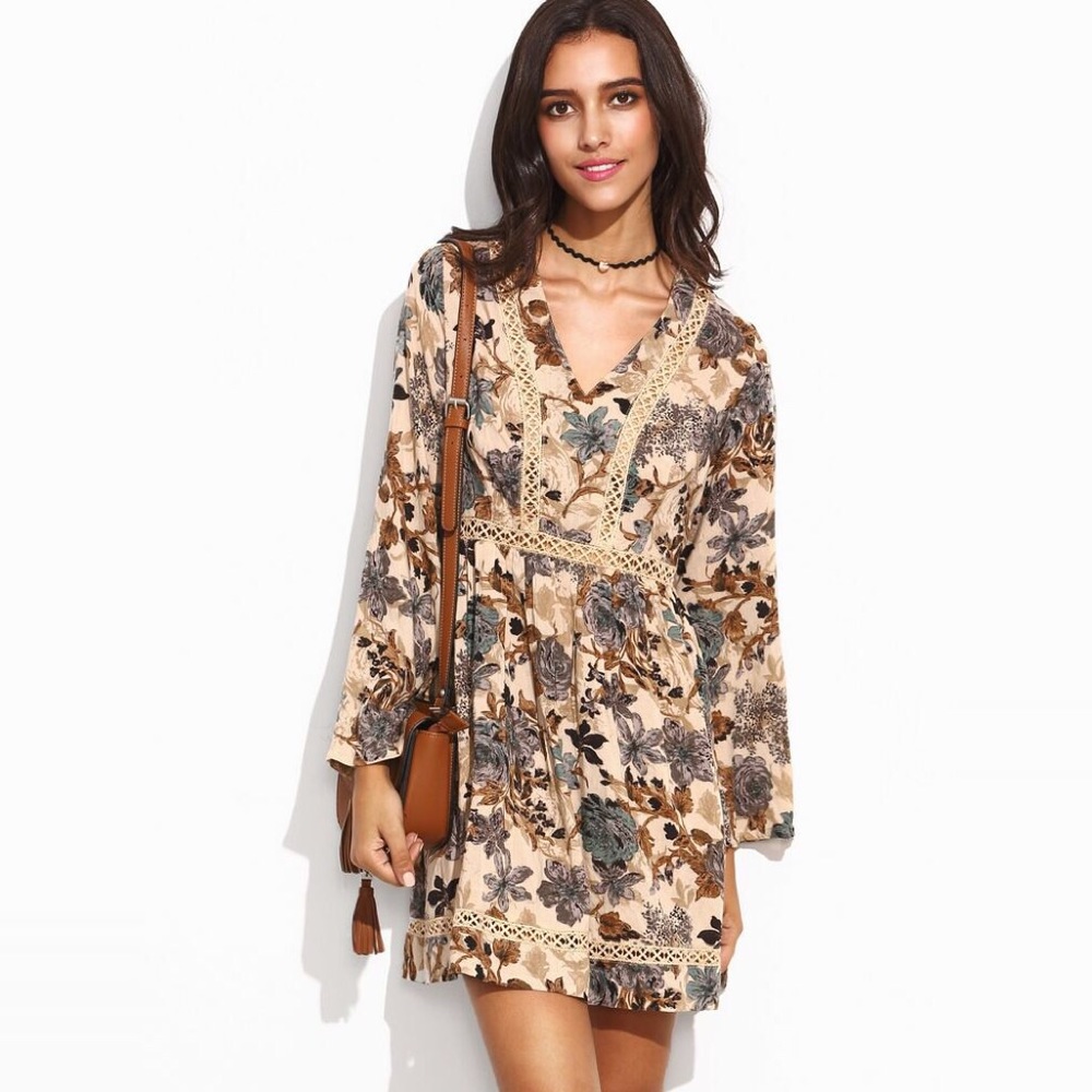 Flared Sleeve Open Crochet Inset Vintage Floral Babydoll Dress - Picture 3 of 8
